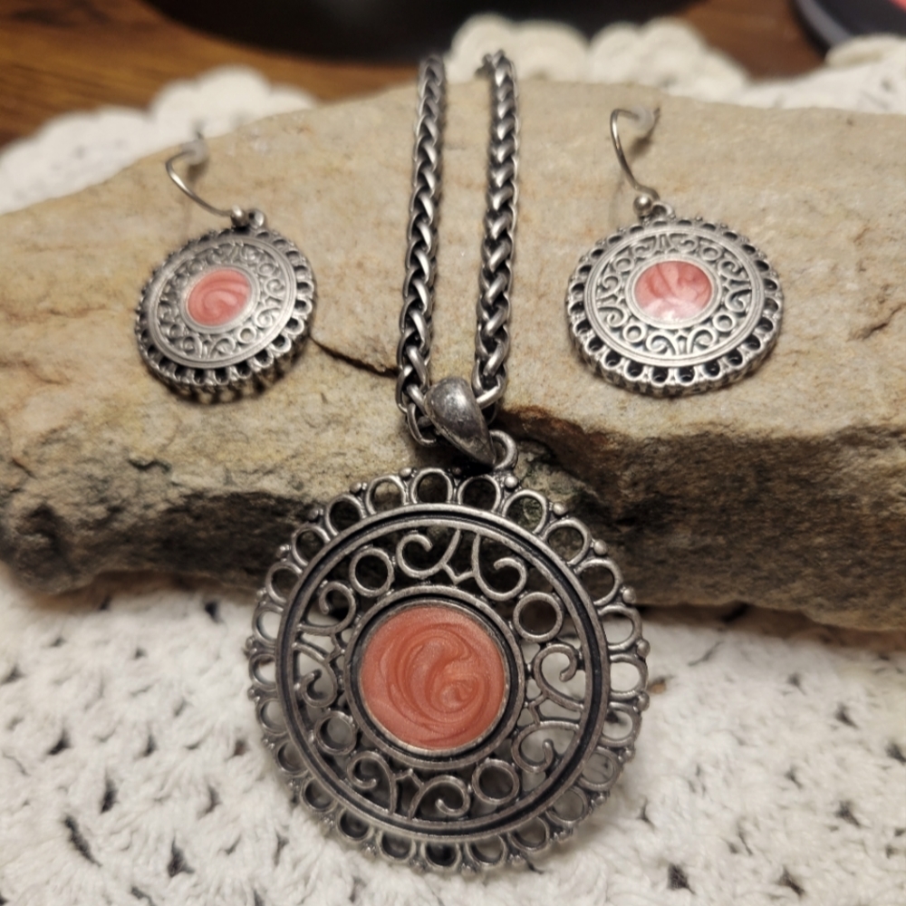 Silver and Coral Medallion Necklace & Earing Set